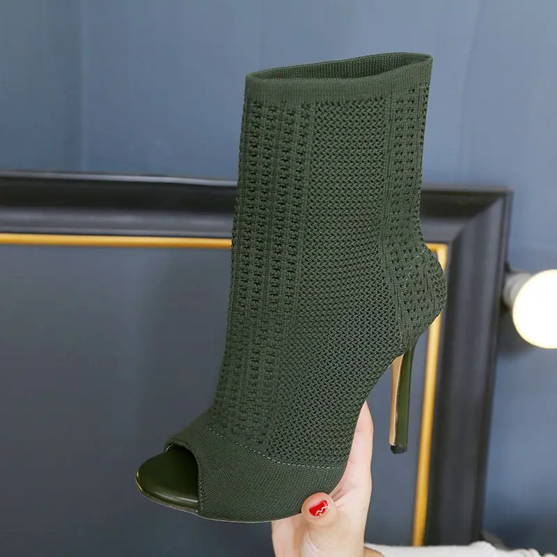 NEW Beige Green Ladies Open Toe Short Boots Elastic Boots Small Hole Hollow Out Breathable Dress Women Boots Pumpsdi43