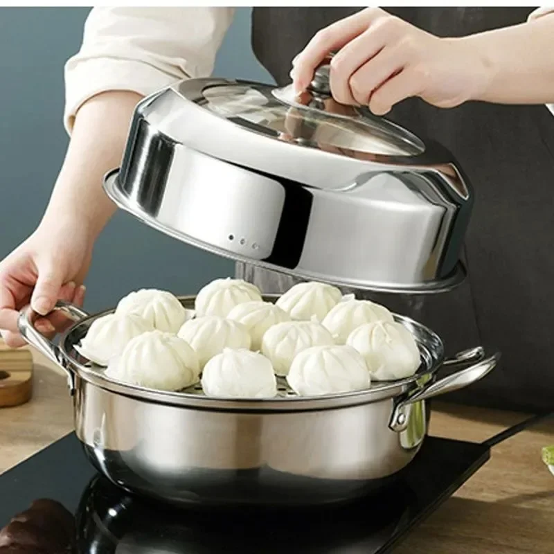 

2/3 Tier Stainless Steel Steamer Pot with Stackable Pan Insert Multi Layer Food Steamer Cooker Steaming Pot Cookware with Handle