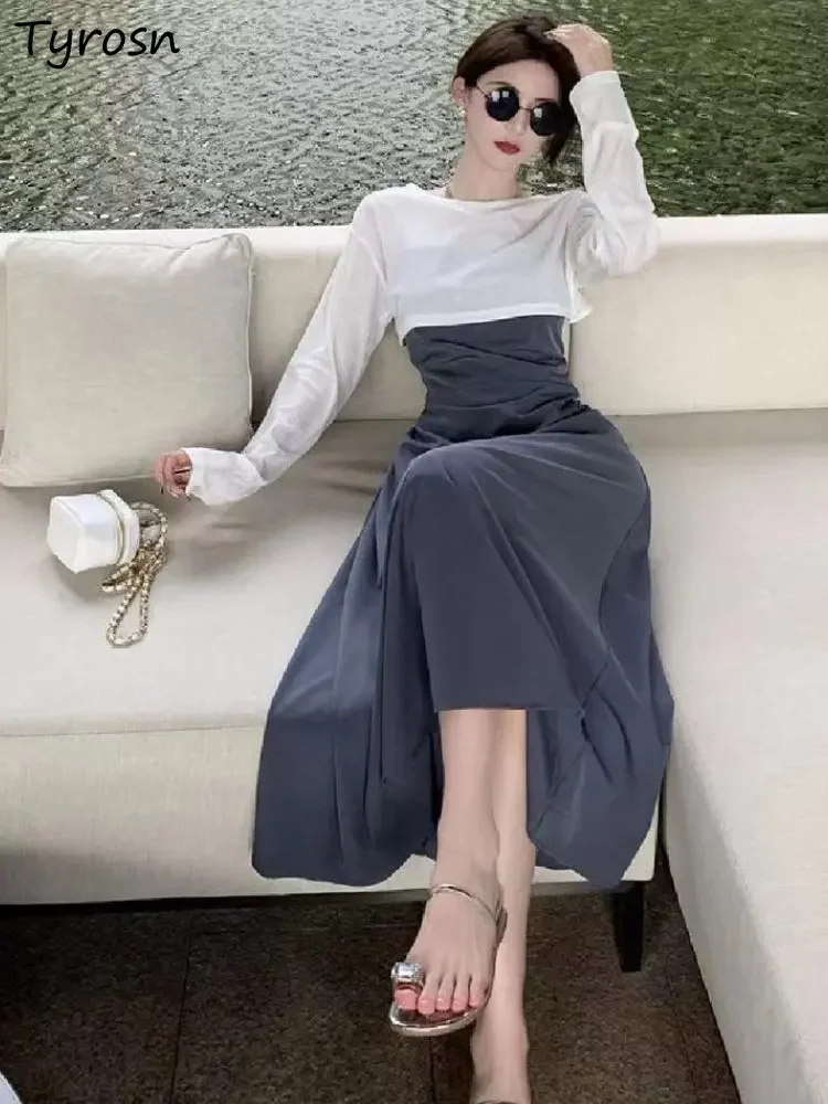 

Комплекты футболок и платьев, женские элегантные модные комплекты с открытой спиной, простые универсальные повязки для отдыха, уютный дизайн, складки, милые, солнцезащитные, летние, сексуальные