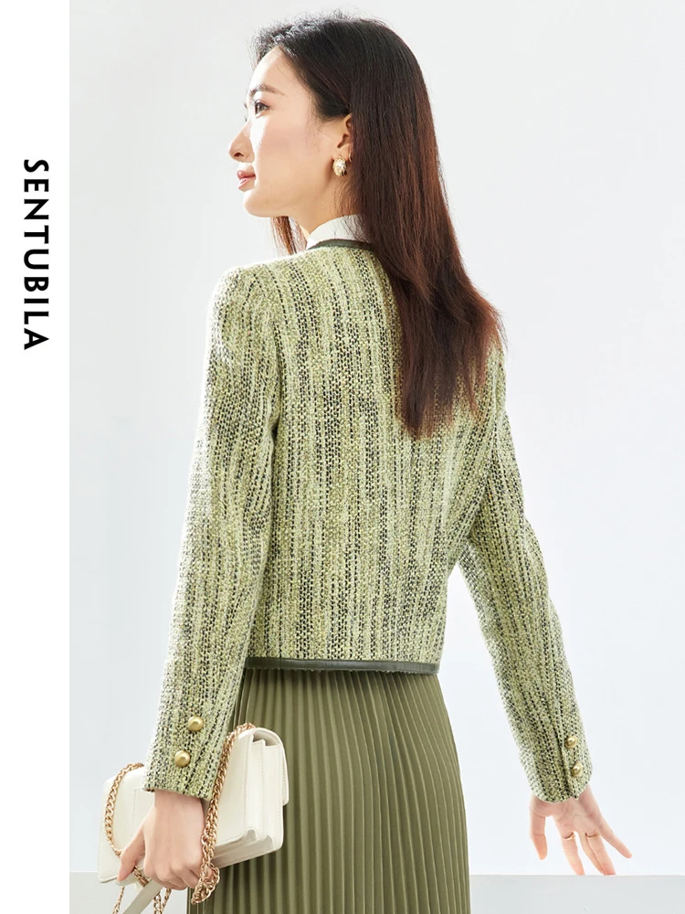 SENTUBILA Elegant Single Breasted Contrast Spliced Cropped Tweed Jacket 2024 Spring Luxury Straight O-neck Woman Coat Q41W52932