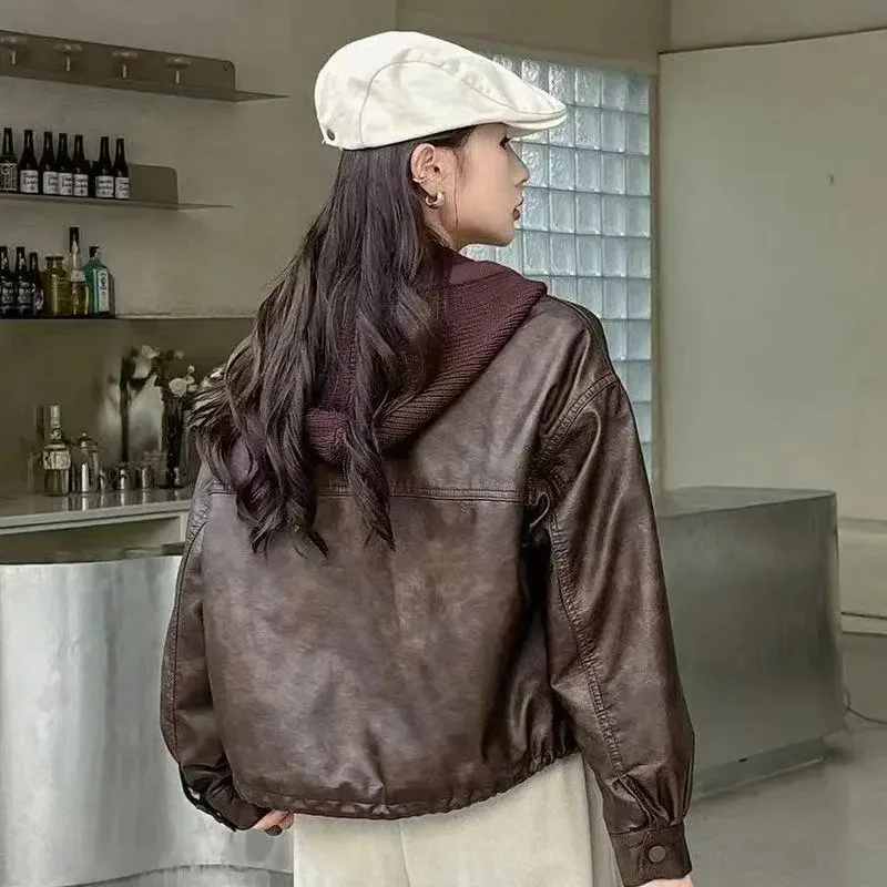 2025 여성 패션 인조 가죽 코트 가을 겨울 여성 탈부착 가능한 후드 재킷 한국 여성 긴 소매 PU 가죽 아우터