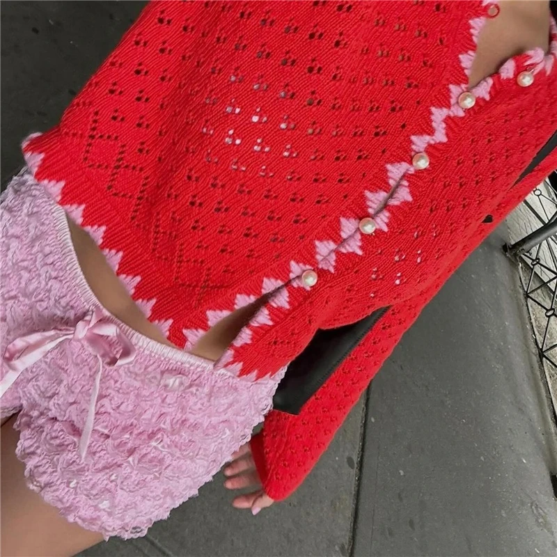 Women's Fashion Mini Shorts Layered Lace Frill Trim Elastic Waist Tie-Up Bow Bloomer Shorts for Summer Streetwear