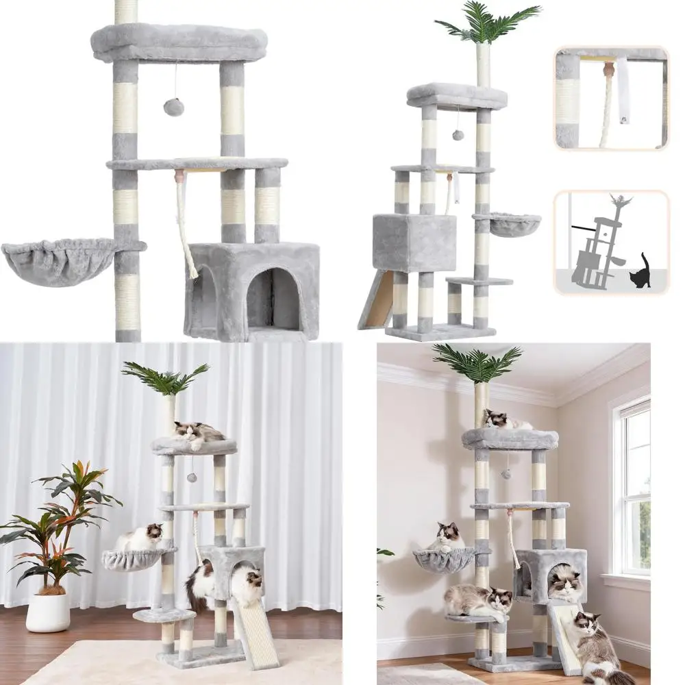 

65.4 Indoor Cat Tower with Multi-Level Perches, Basket, Feeding Station, Plush and Scratching Posts, Light Gray HCT015W