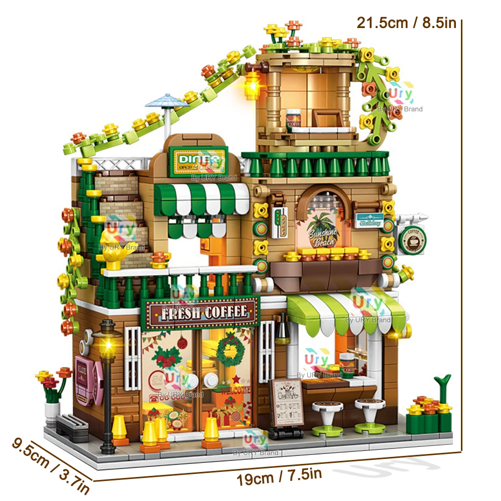Blocs de construction d'architecture MOC rétro pour enfants, série City Street View, coin de Style Tropical modulaire, café, magasin de boissons