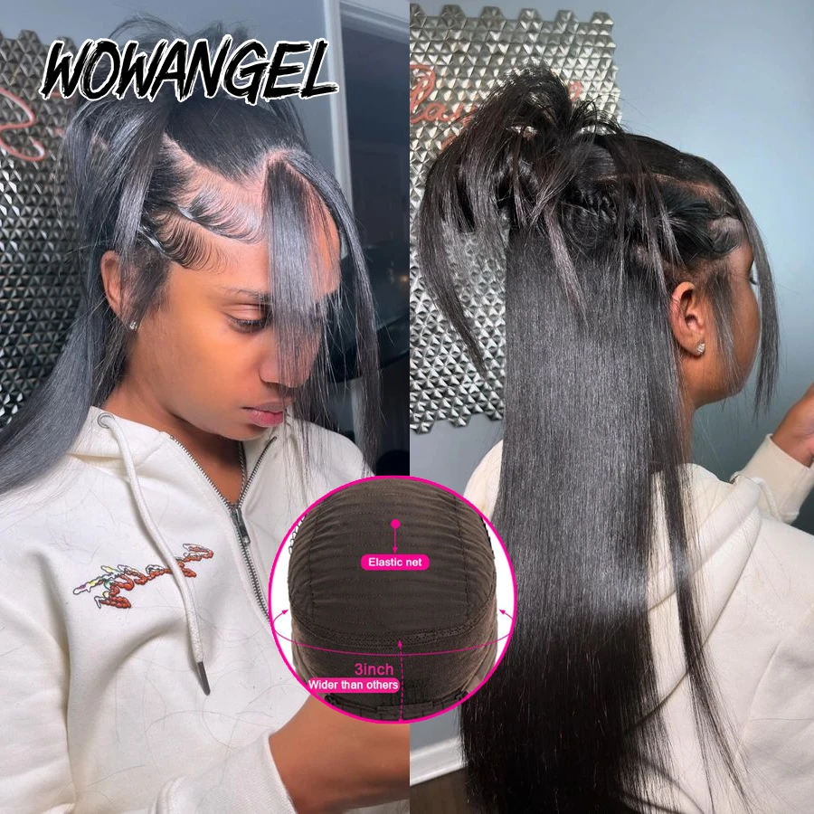 Wow Angel 250% 360 HD 레이스 정면 가발, 스트레이트 풀 레이스 레미 헤어 가발, 여성용 포니테일 미리 뽑은 인모 가발