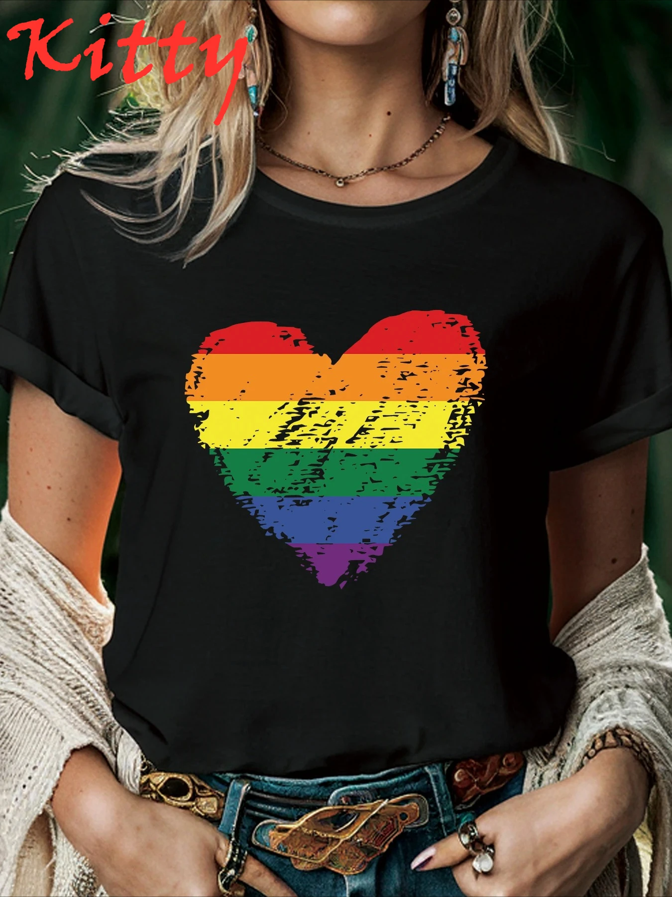Pride Rainbow Stripe Heart Women's T-shirt Summer Fashion Short Sleeved T-shirt Printed O-neck Casual T-shirt Women's Clothing