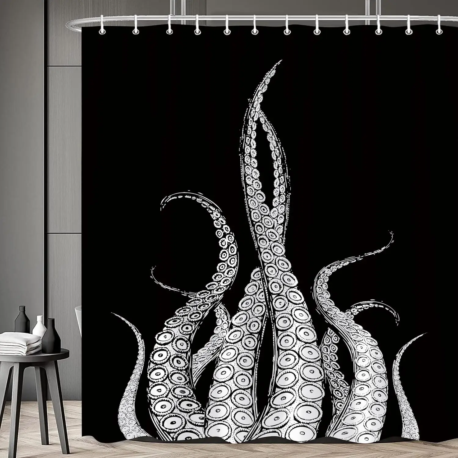 Octopus Tentacles Shower Curtain Kraken Ocean Animal Nautical Marine Life Black Backdrop Creative Art Bathroom Decor Curtains