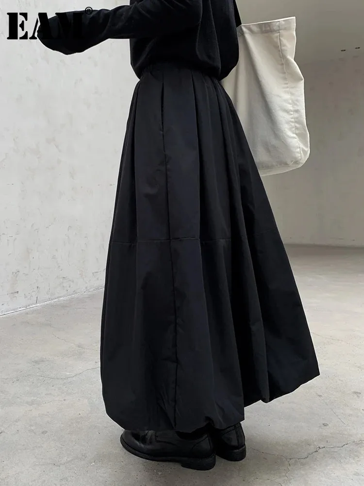 [EAM] High Elastic Waist Black Cotton-padded Casual A-line Half-body Skirt Women Fashion Tide New Autumn Winter 2024 1DH8381