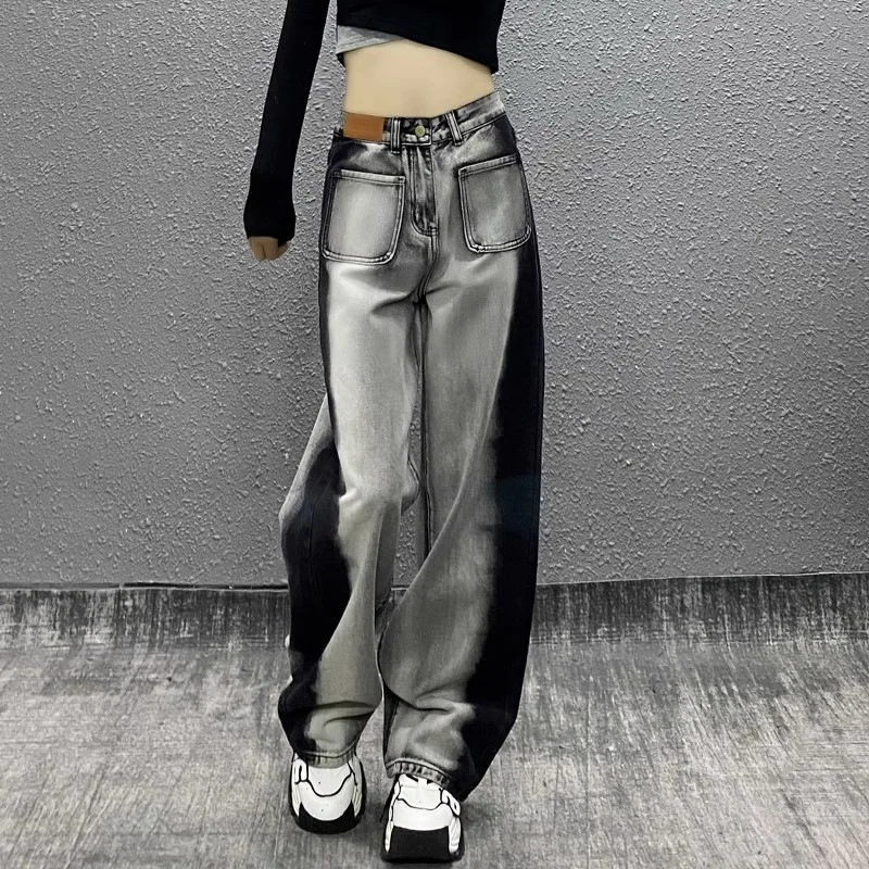 

Gray Black Design Sense Straight Leg Jeans Ladies 2024 Fall New High-waisted Slimming Wide-leg Pants Ins High Street Mop Jeans