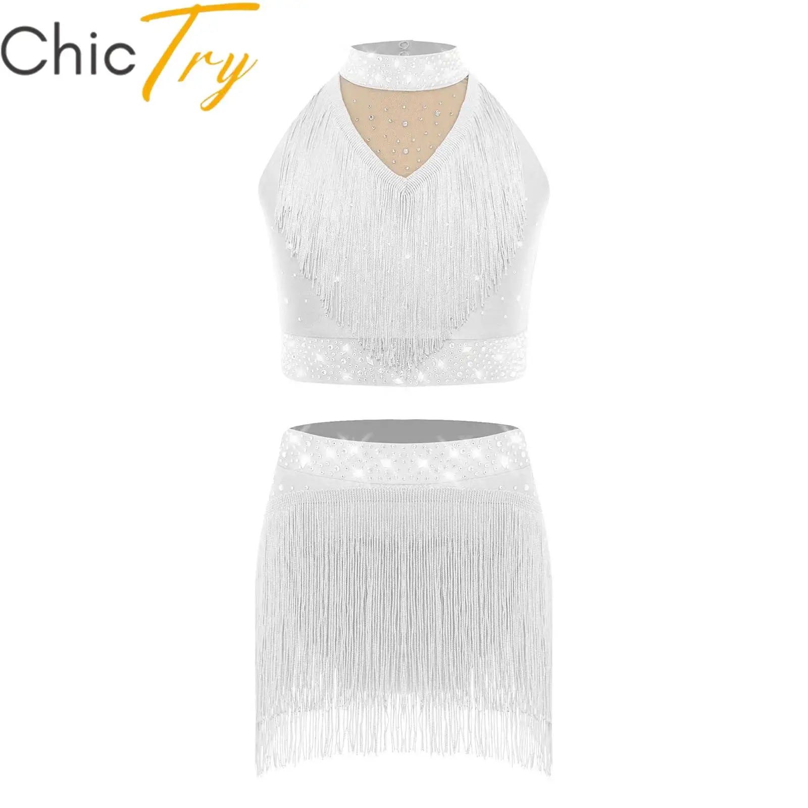 

Kids Girls Latin Jazz Dance Sets Sequins Ballet Lyrical Dance Outfit Sequins Fringe Lyrical Gymnastics Sets Stage Performance