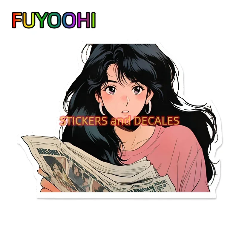 FUYOOHI Play Stickers Hong Kong Style Cartoon Cute Girl Reading Newspaper Anime Car Sticker Reflective Waterproof Decals