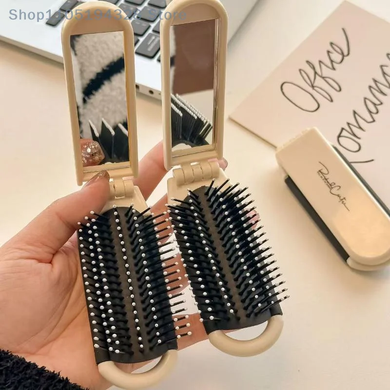 [MP] فرشاة شعر صغيرة قابلة للطي 2 في 1، مشط تدليك بوسادة هوائية، مشط تدليك فروة الرأس محمول مضاد للكهرباء الساكنة مع مرآة