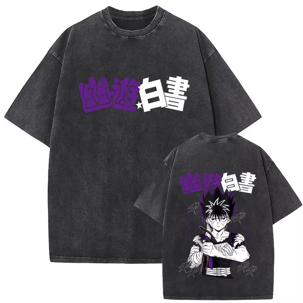 Camisetas con gráfico de Anime YuYu Hakusho Hiei, estilo vintage lavado, para hombre y mujer, camiseta informal de gran tamaño, camiseta de manga corta con dibujos animados para hombre, camiseta de verano