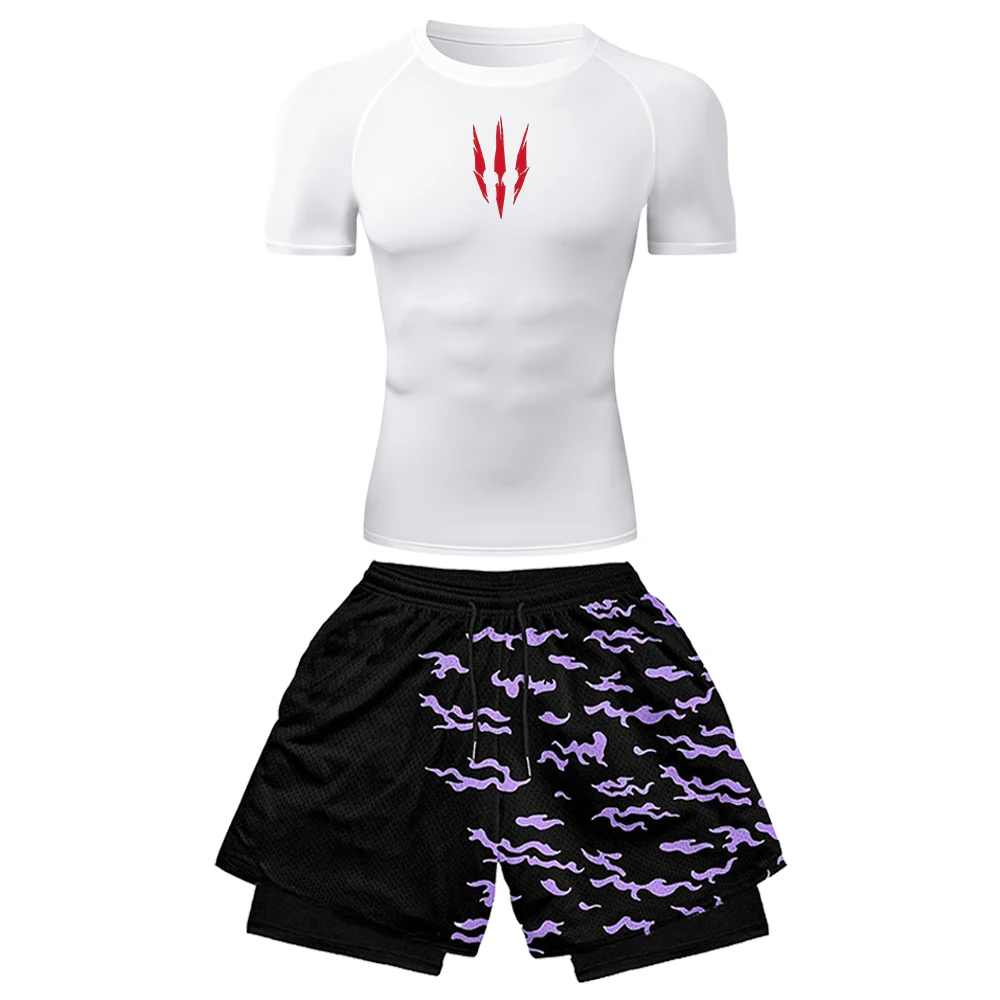 

2PCS Men's Gothic Dark Anime Gym Set Curse Mark Inspired White Compression Shirt & Purple Flame 2-in-1 Quick Dry Workout Shorts