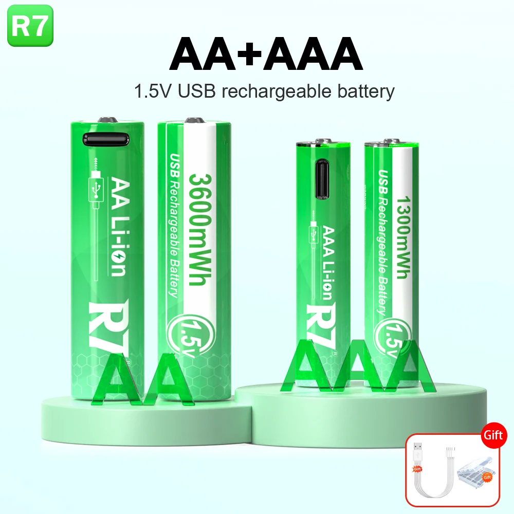 Rechargeable 1.5V USB Li-ion AA 3600mWh AAA 1300mWh Batteries for Electric Gadgets, Remote Control Toys, Wireless Mouse + Cable