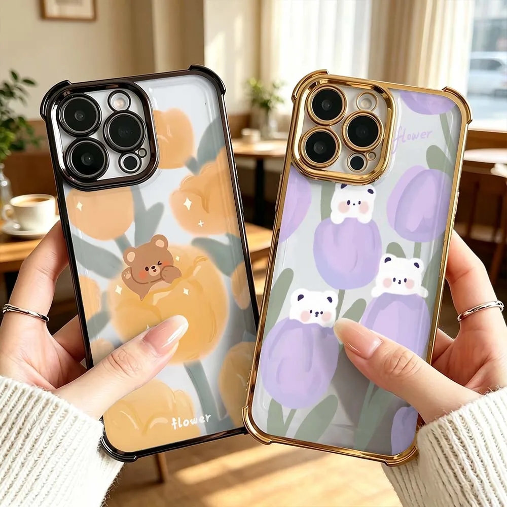 Cartoon Purple Tulip Bear For iPhone 18 17 16 15 14 13 Pro Max Plus Electroplating Anti Fall Phone Case