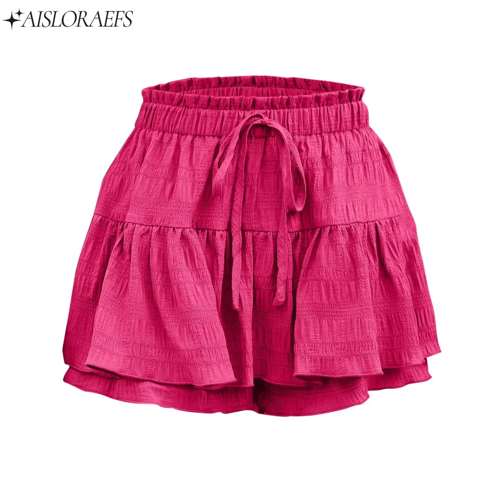 

Womens Stylish Ruffled Culottes Elastic Waist Tiered Hem Skorts Solid Color Shorts Versatile Short Trousers for Daily Holiday