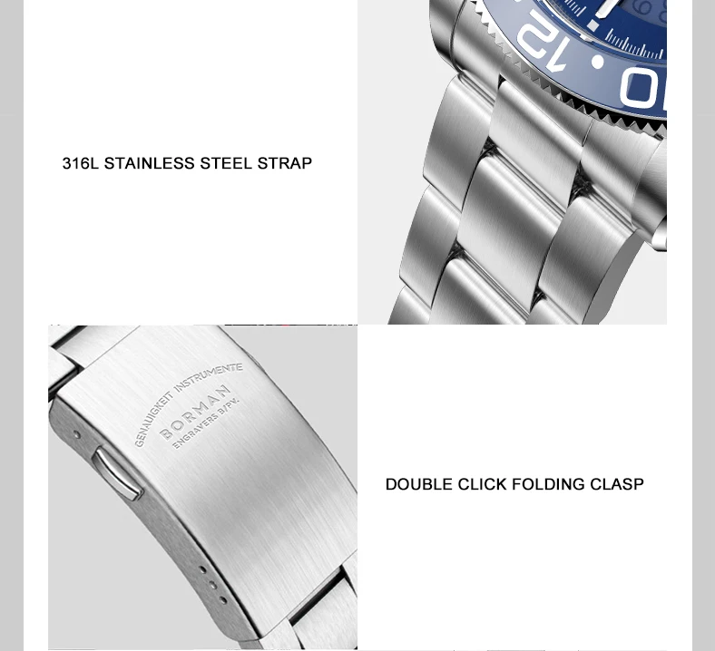 BORMAN Men Automatic Watch 40mm GMT Mechanical Wristwatch C3 Luminous 50M Waterproof Sapphire NH34 Ceramic Bezel