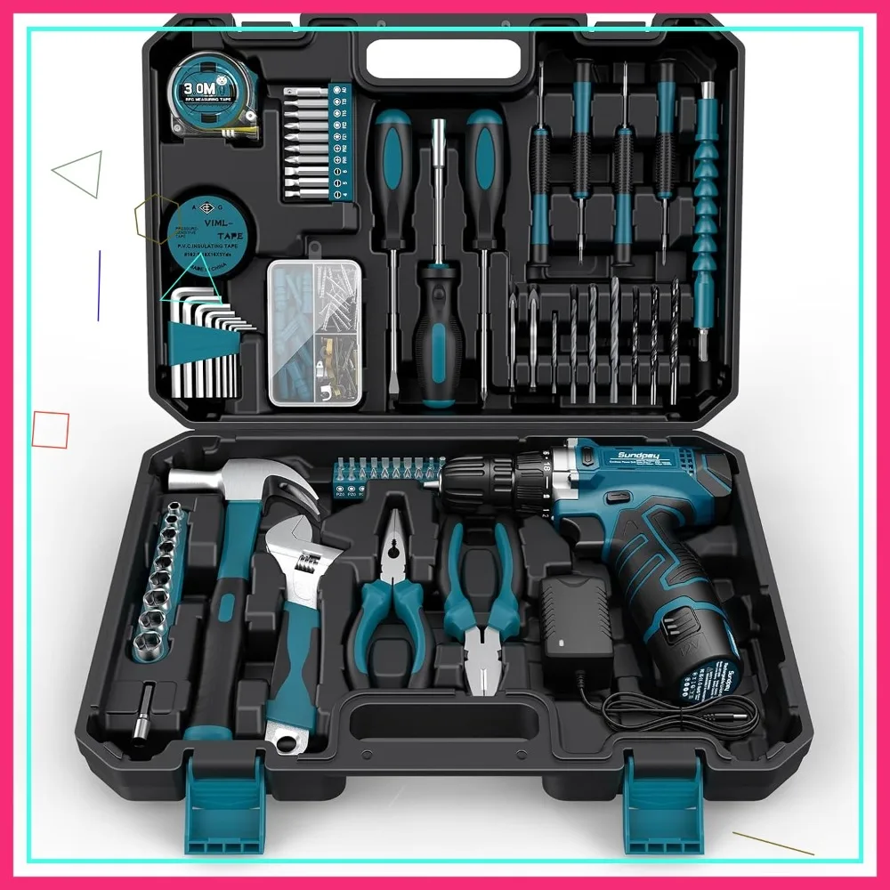 

Набор инструментов из 206 предметов с аккумуляторной дрелью 12В - портативный набор для дома, сада и офиса