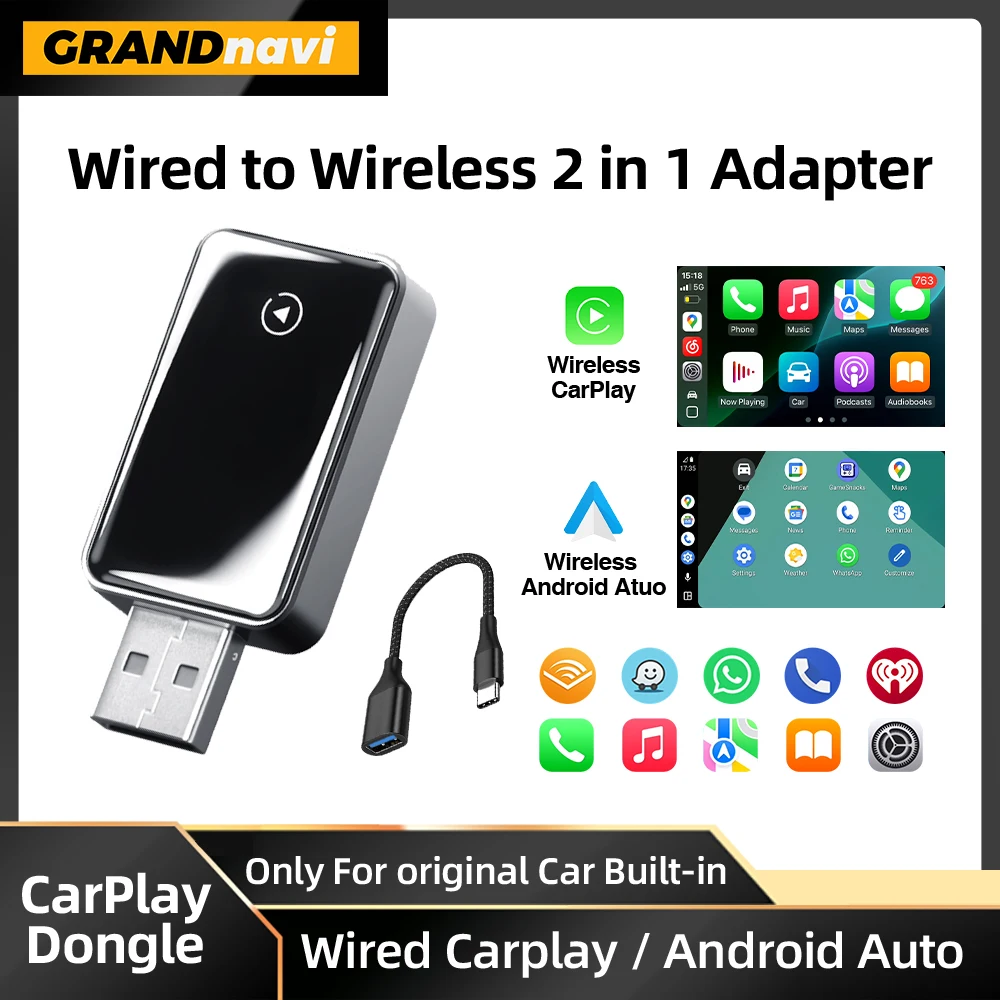 Adaptador USB 2 en 1 con cable a inalámbrico Carplay, Android Auto, Bluetooth, Dongle para KIA, Ford, Audi, Porsche, MG, Toyota, VW, Hyundai