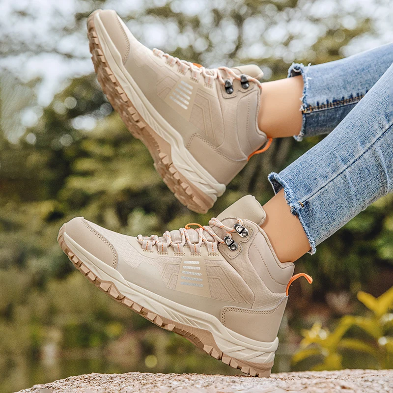 Outdoor Hiking Shoes Women Anti-slip Lace-up High-top Women Shoes Flat Breathable Shock-absorbing Casual Sports Shoes Women