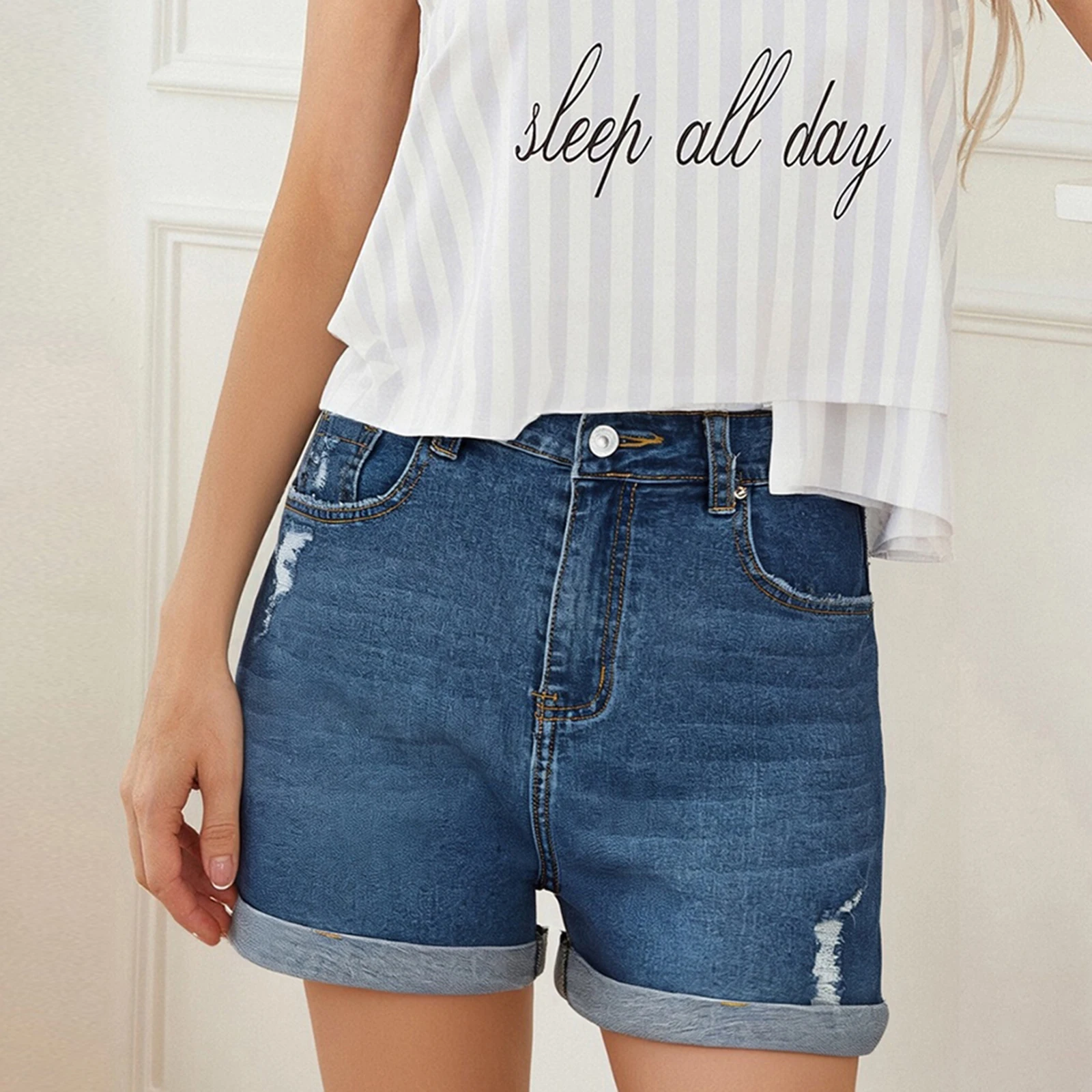 Womens Summer Solid Color Ripped Denim Shorts Retro Distress High Waist Folded Hem Slim Short Jeans Streetwear