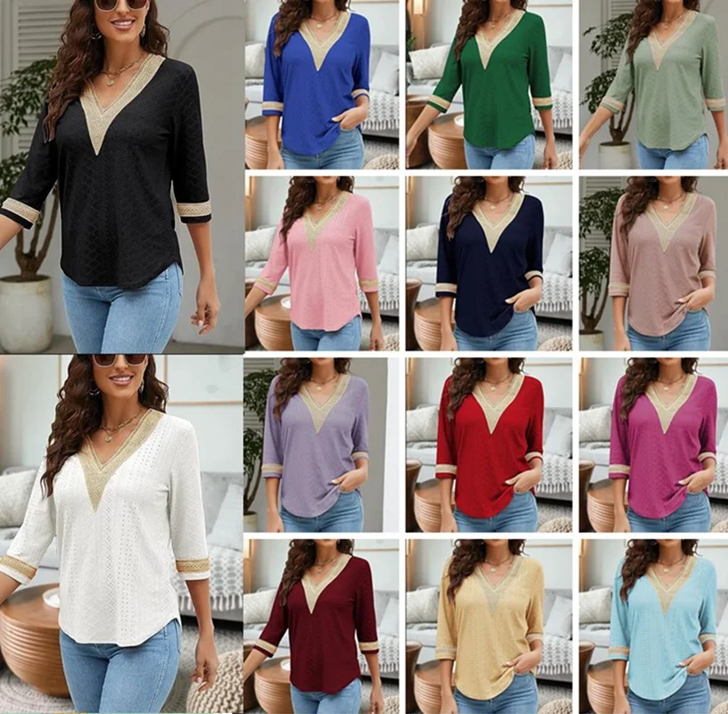 

White 3/4 Sleeve Pullover Blouse Tops Femme New Women's Lace Patchwork V-neck Casual Solid Color Shirt Female