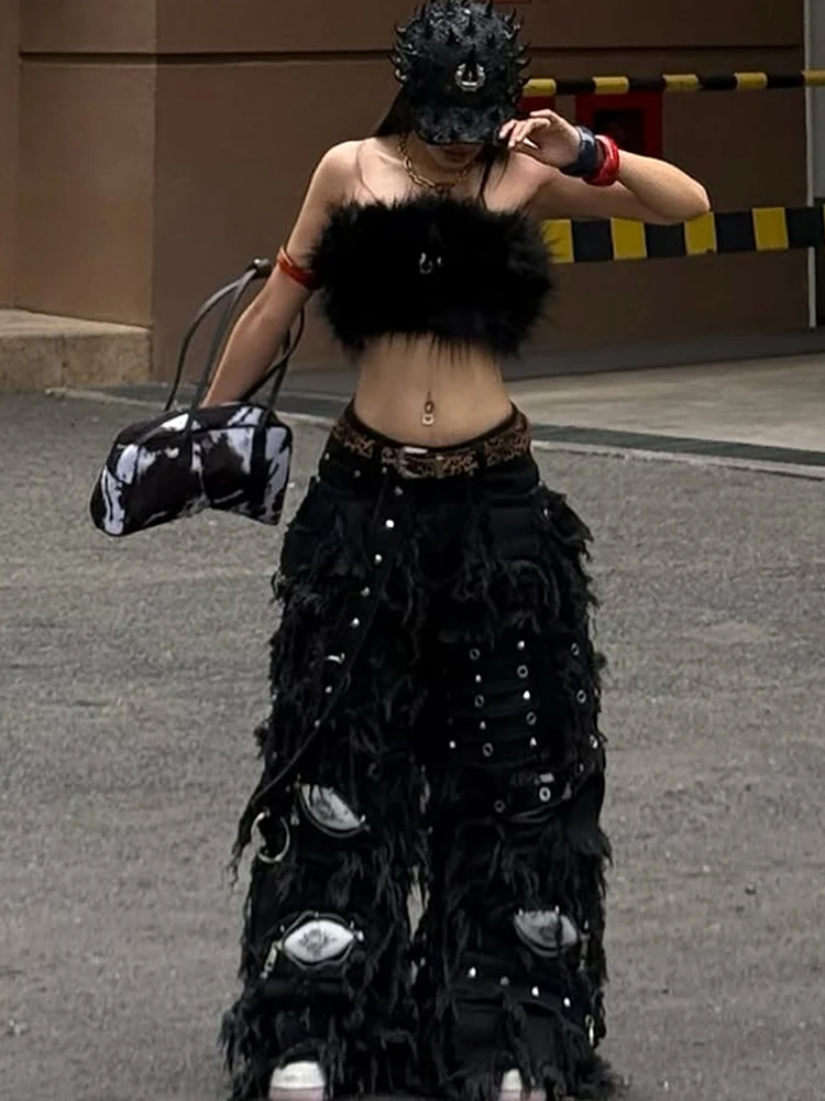 Dziwaczny Kot Dzika Piękność Futrzana Koszulka Bez Rękawów Damska Seksowna Z Frędzlami Bez Rękawów Coquette Impreza Uliczna Klubowa Styl Punk Krótki Top