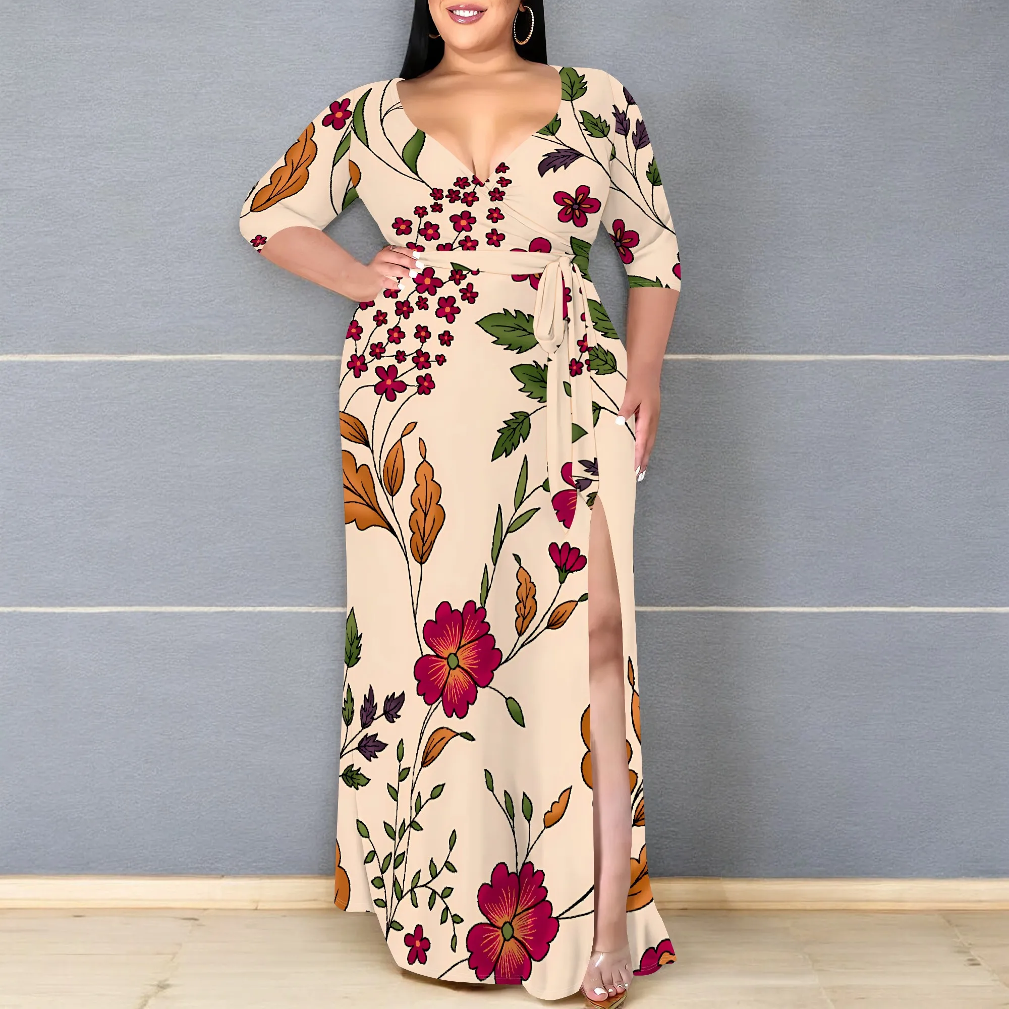 Nupusa Floral Print Dress for Women Plus Size Summer Casual V Neck Half Sleeve Maxi Dress