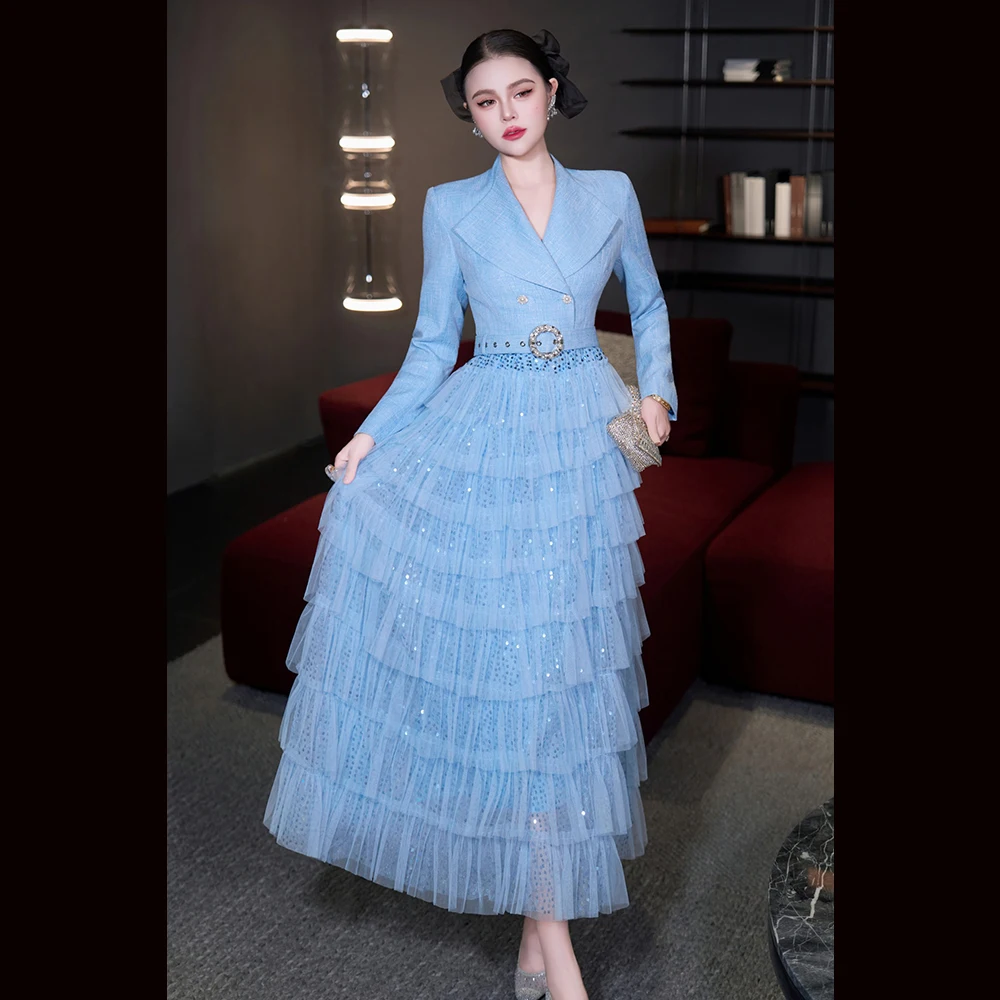 Meyyithun vestido feminino elegante retalhos lantejoulas vestidos lapela manga longa cintura alta emendado em camadas malha festa bolo vestido mx