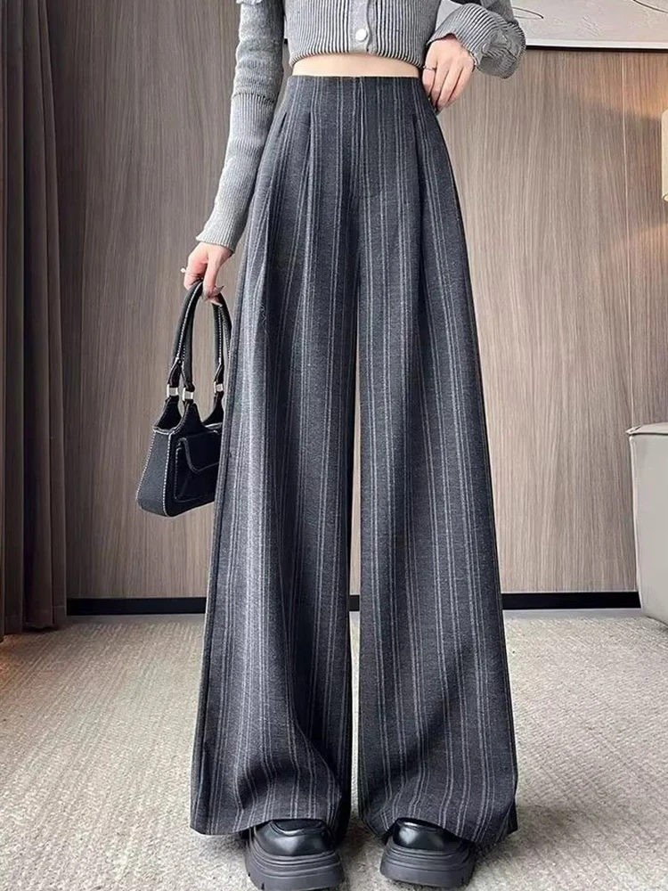 Striped Wide Leg Suit Pants Women Vintage High Waist Spring Autumn Harem Trouser Loose Casual Office Lady Simple Retro Pants New