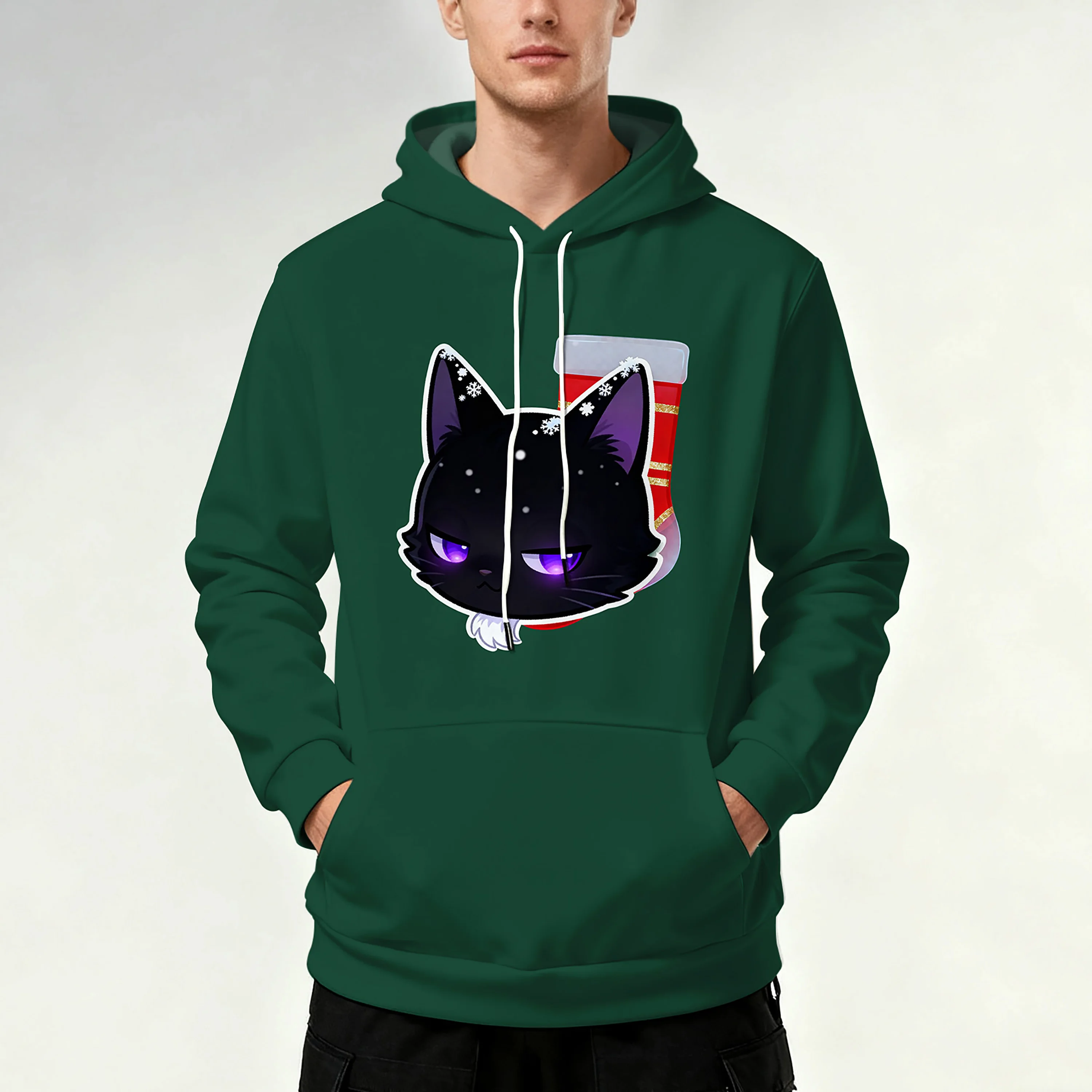 

Мужская толстовка с капюшоном, карманами на шнурке и принтом черного кота, спортивная, стильная, повседневная, удобная.