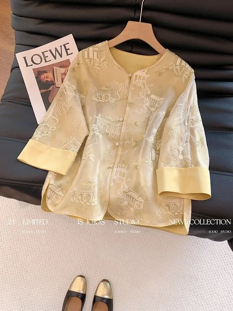 

Floral Embroidered Chiffon Blouses Women Loose Sleeve Vintage Tang Tops Chinese Style Retro Buckle Tops