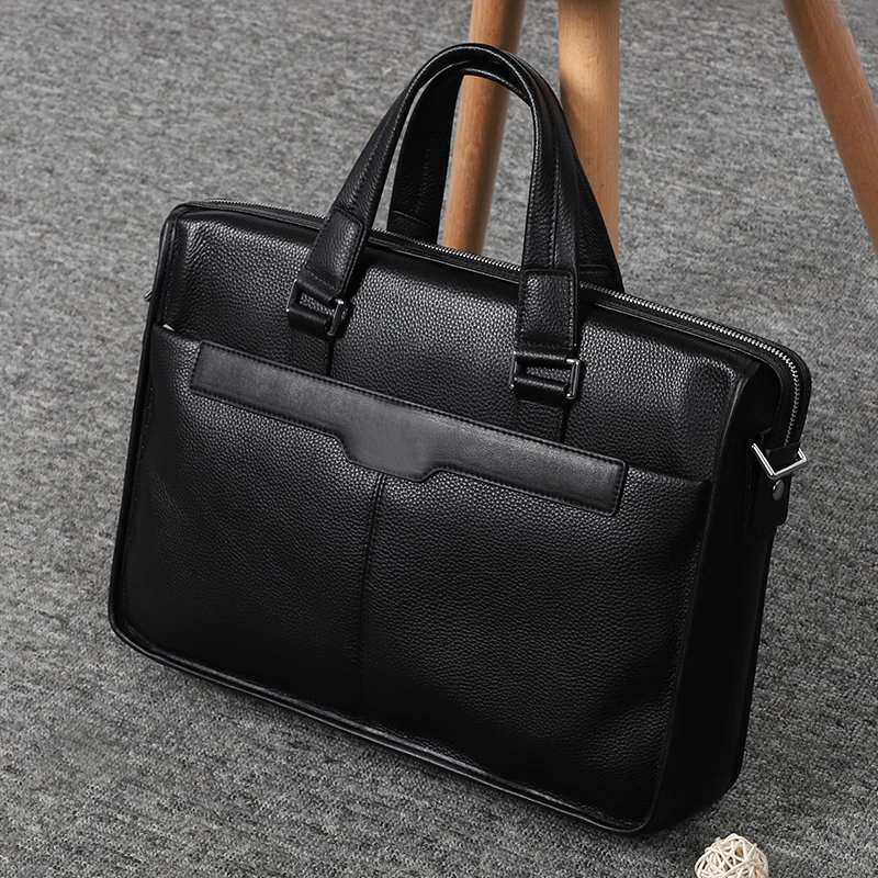 Men Genuine Leather Black Briefcase Business Handbag Messenger Bags Male Shoulder Bag 15.6 inch Men's Large Laptop Travel Bags