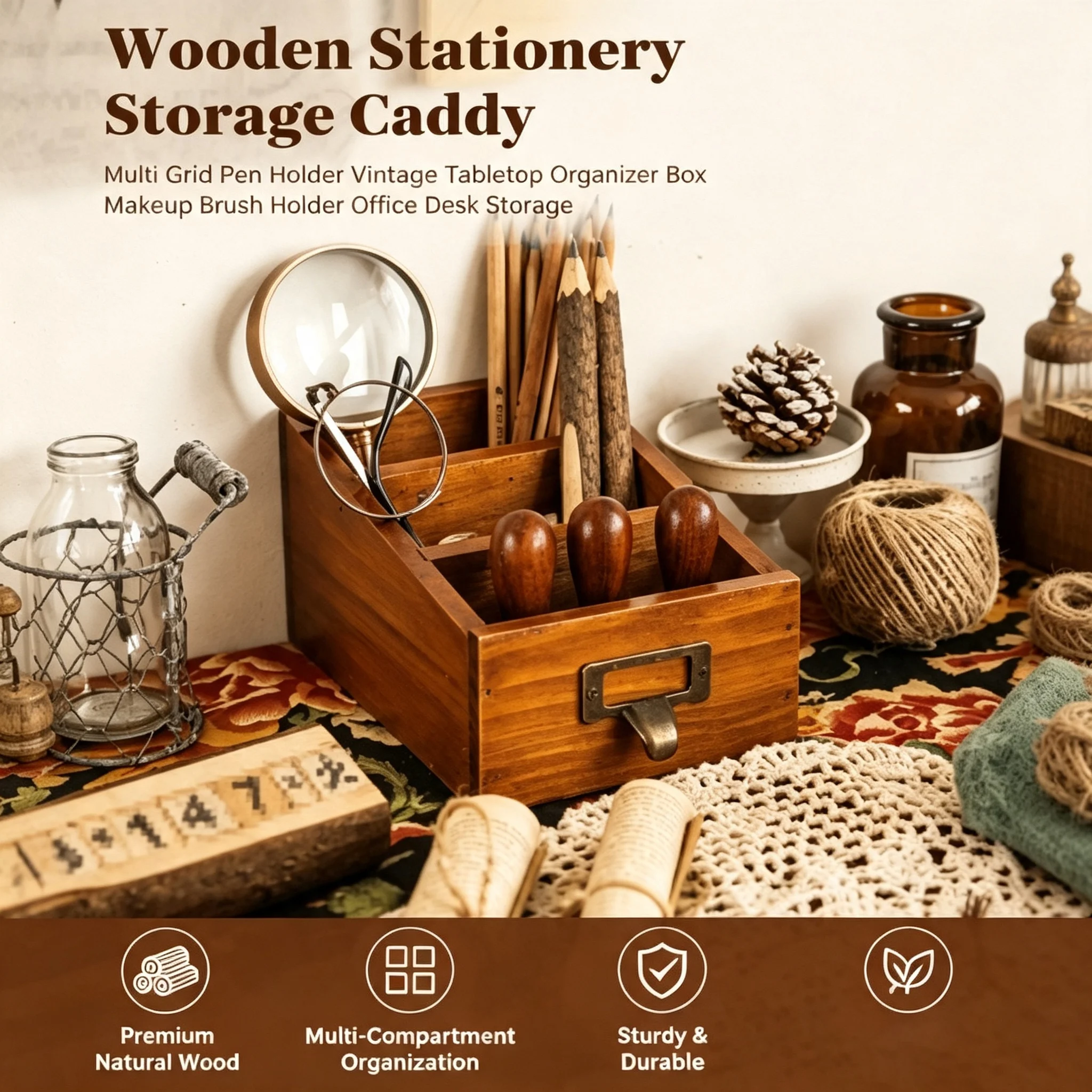 Wooden Desktop Organizer Pens Multifunctional Mini Makeup Organizer Office Supplies for Bathroom Home Countertop Office Vanity