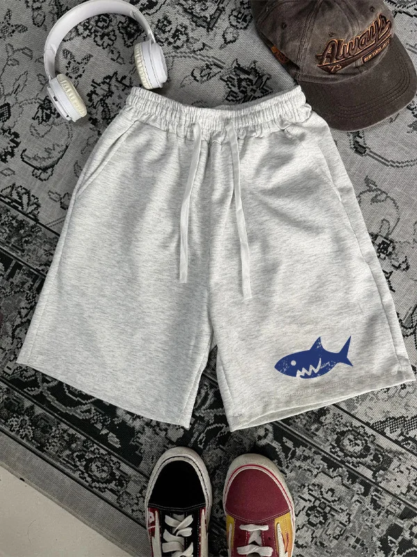 

American High Street Sle ark Print Sports orts Men's Summer Trendy Casual Dstring Straight Leg Five-Quarter Pants