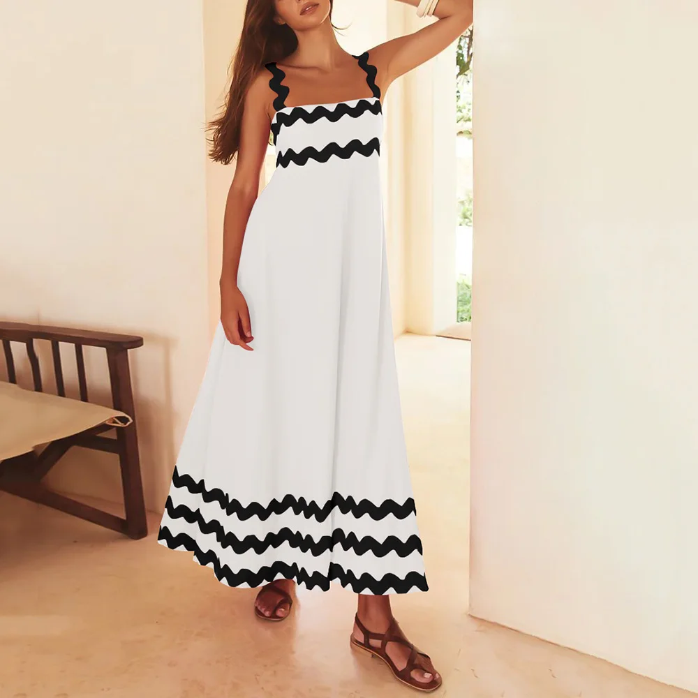 

Women's Wavy Stripe Design Floral Holiday Casual Suspender Dress BOHO Print Summer Flowy Beach Maxi Long Dresses 2024 Blue Wear