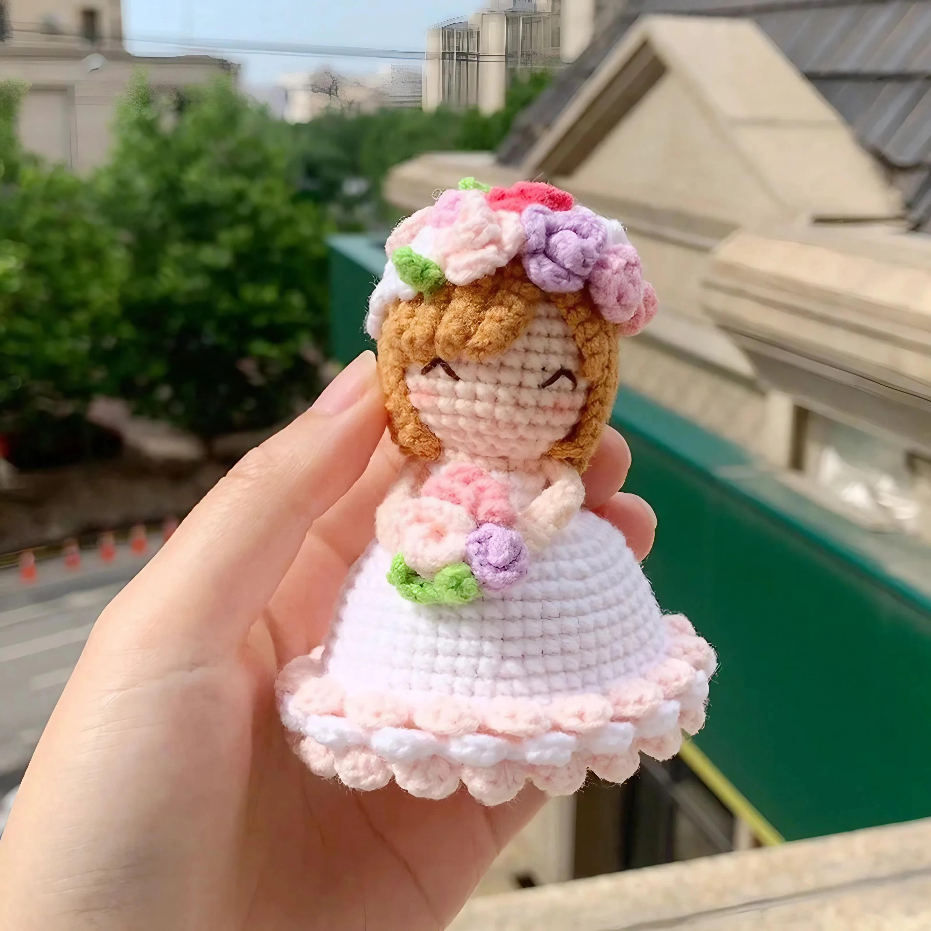 Handmade Crochet Crossdressing Bride Doll Knitted Finished Flower Bouquet Decoration Girls Birthday Gift Knitting Keychain