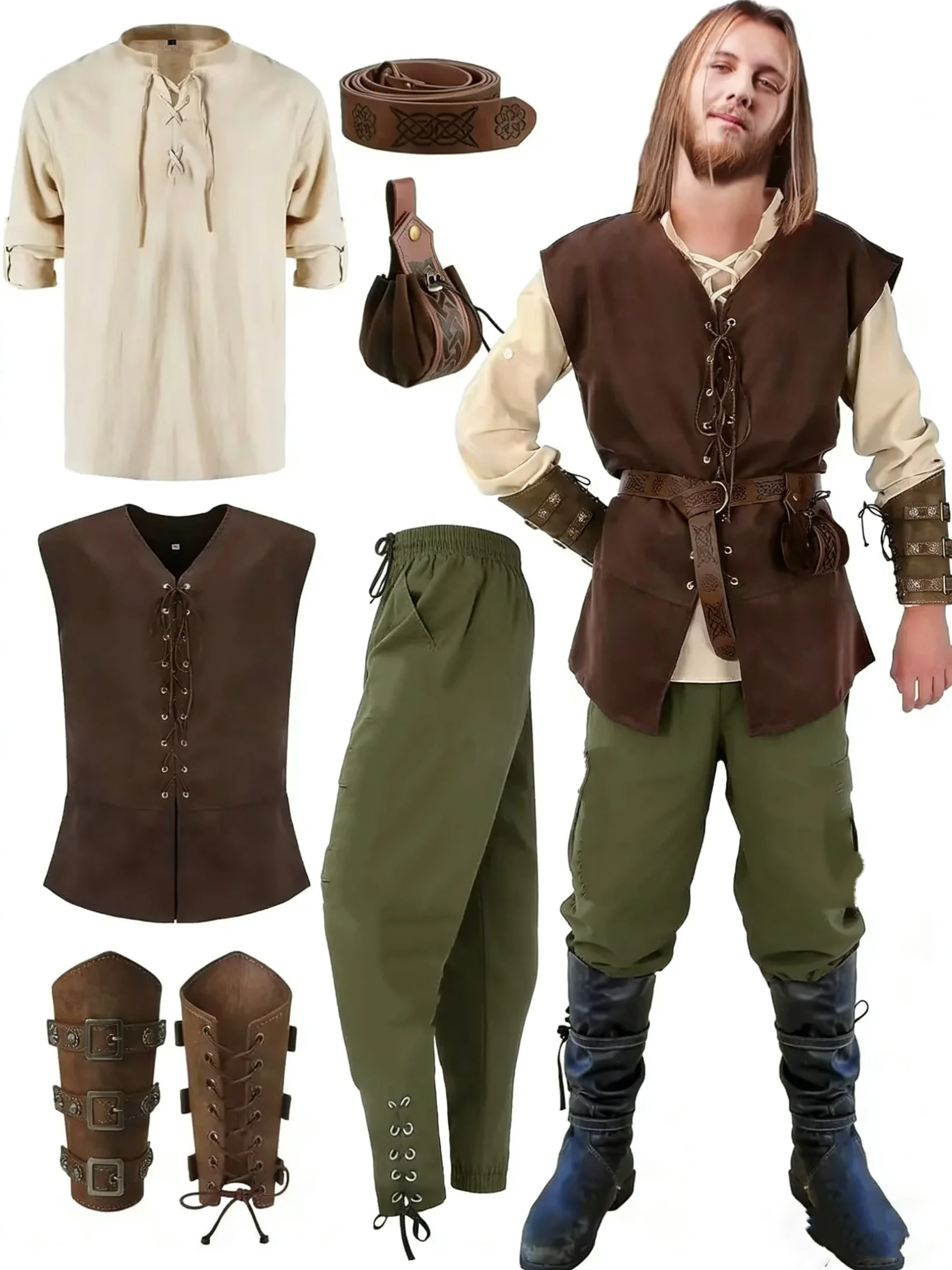 6-delige Halloween-Renaissance-kostuumset voor heren, middeleeuws vest, overhemd, enkelbandbroek, Vikingriem, armbandzakje