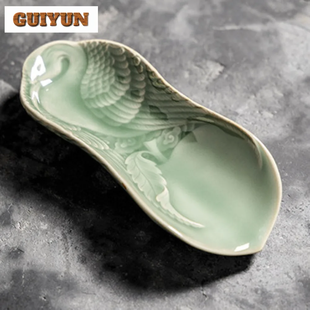 Yue Kin Longquan Celadon Tea Scoop Handmade Carved Crane Tea Shovel Cha He Holder Appreciation Ladle Tea Ceremony Ornaments