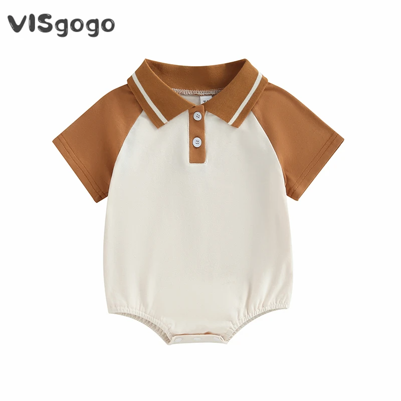 

VISgogo Baby Boy Romper Short Sleeve Contrast Color Turndown Collar Bodysuit Summer Gentleman Style Clothes for Casual Daily