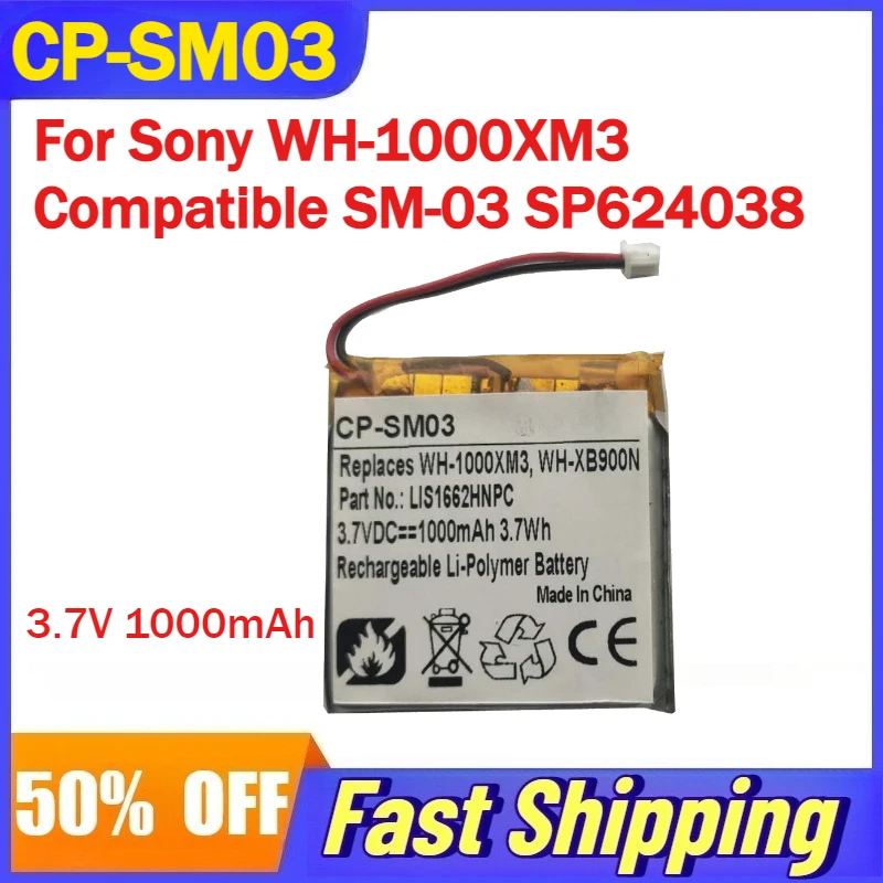 

3.7V 1000mAh CP-SM03 Battery for Sony WH-1000XM3 Bluetooth Headset Compatible SM-03 SP624038 Rechargeable Batteries