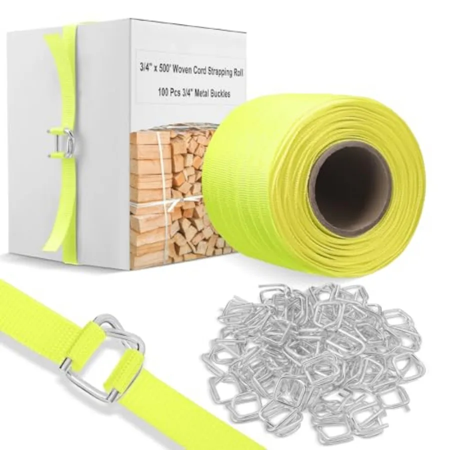 

3/4" x 500' Woven Cord Strapping Kit, Woven Cord Banding Packaging Strapping Roll and 100 Pack Metal Wire Buckles, 2400 Lbs Bre