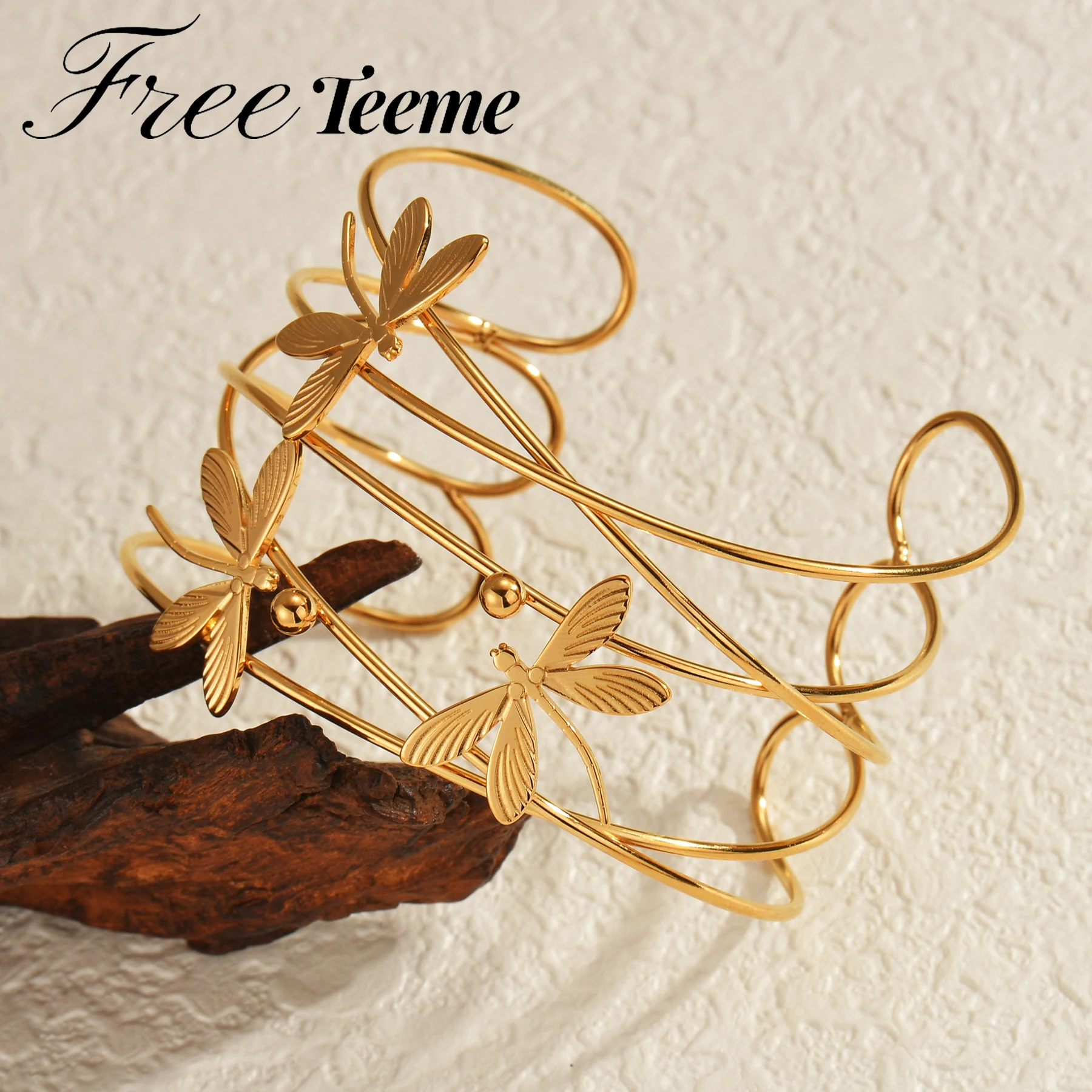 Freeteeme Multi-layer Hollow Dragonfly Bangle for Women Men Stainless Steel Wide Punk Bracelet Gold Color Valentine\'s Day Gift