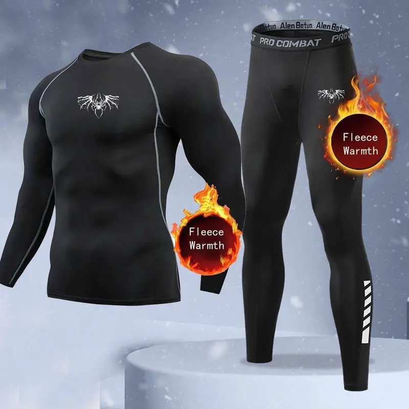 New 2-pieces Winter Warm Men Underwear Set Fleece Thermal Undershirts Long Johns Compression Tights Fitness Sports Tracksuit Set