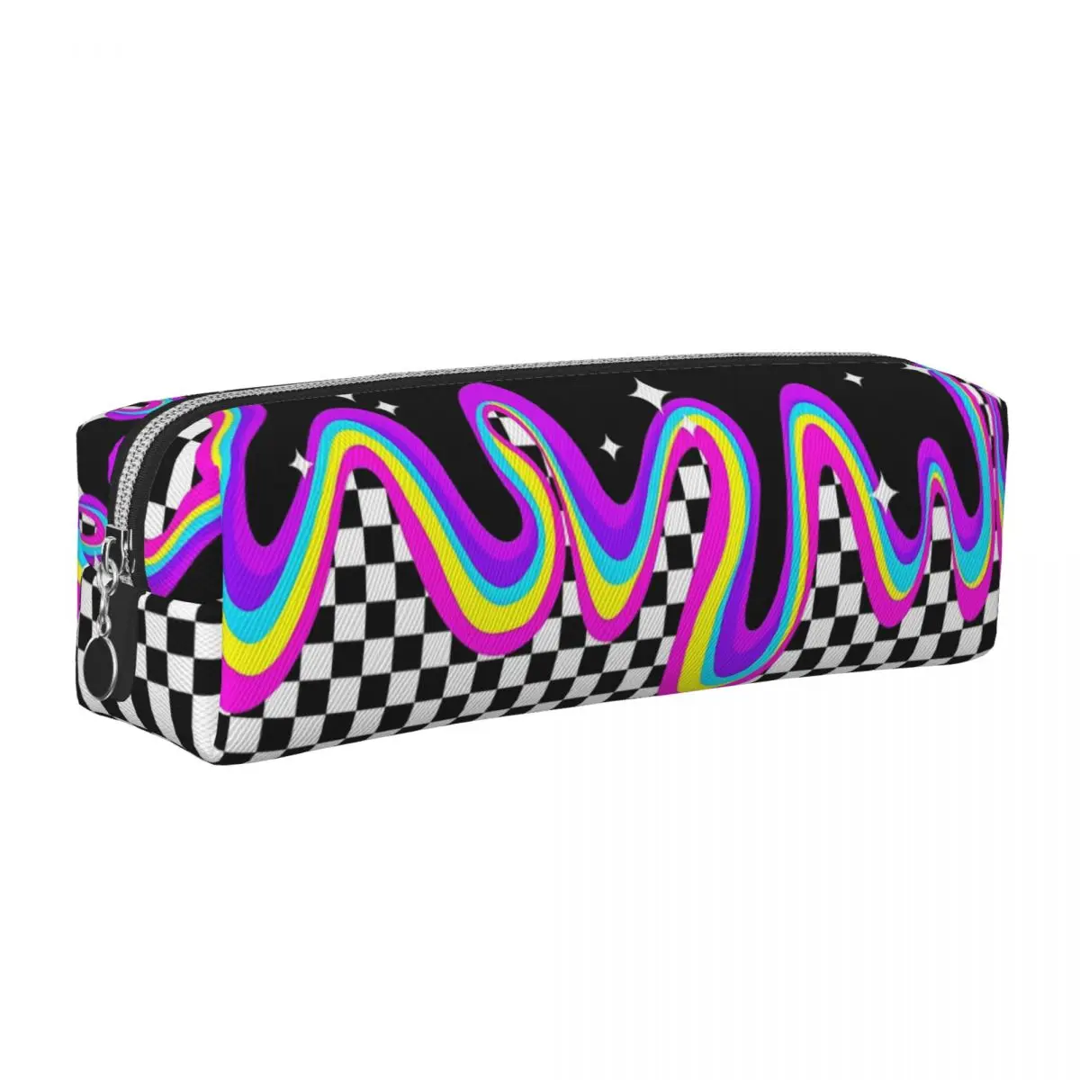 사이키델릭 체커 보드 격자 무늬 연필 케이스 클래식 펜 가방 소녀 소년 대형 스토리지 학생 학교 지퍼 연필 주머니