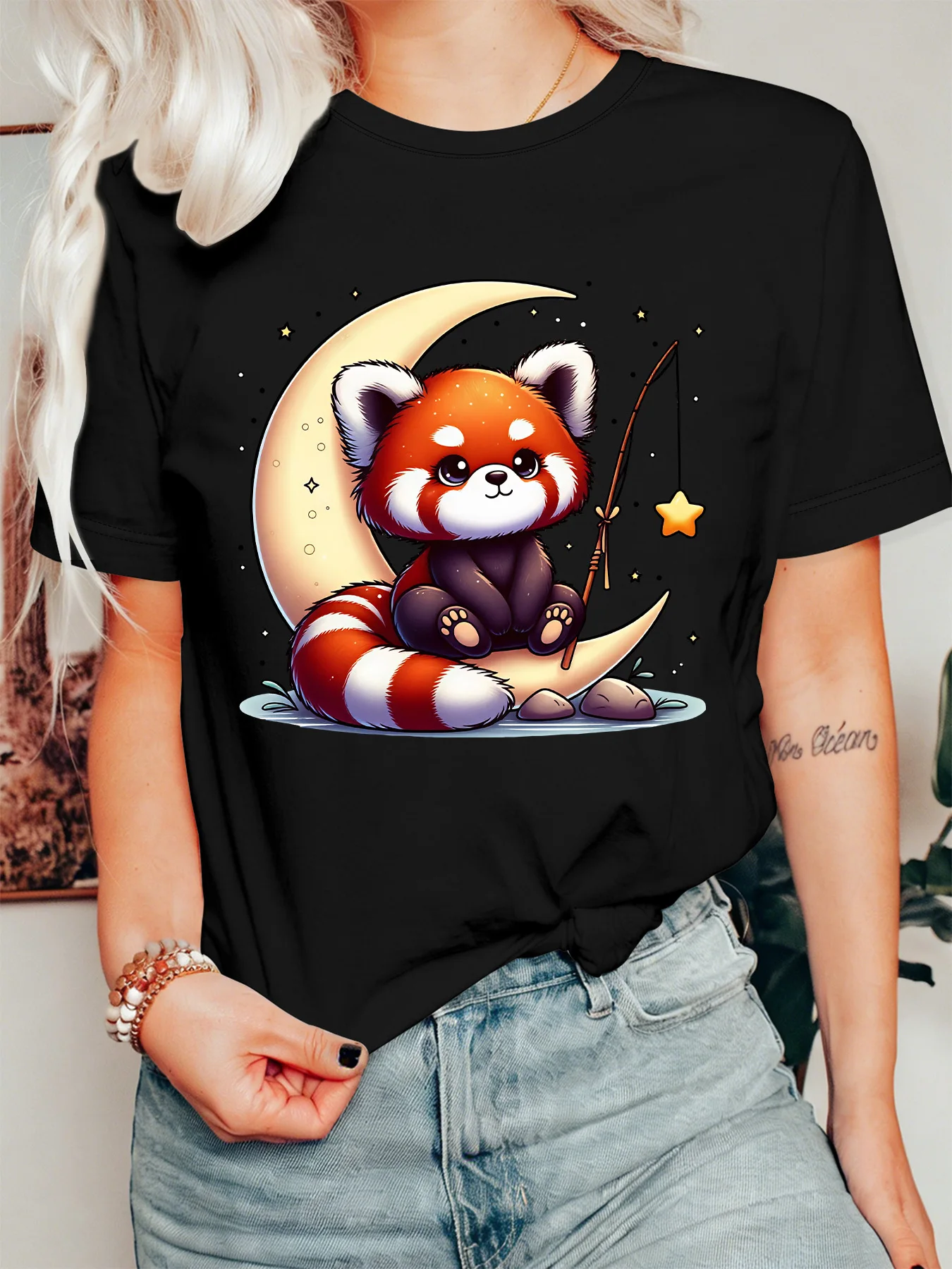 Cute Red Panda On Crescent Moon Star Fishing Graphic Womens T Shirt Short Sleeve Crew Neck Kawaii Casual Daily Ladies Tee Tops