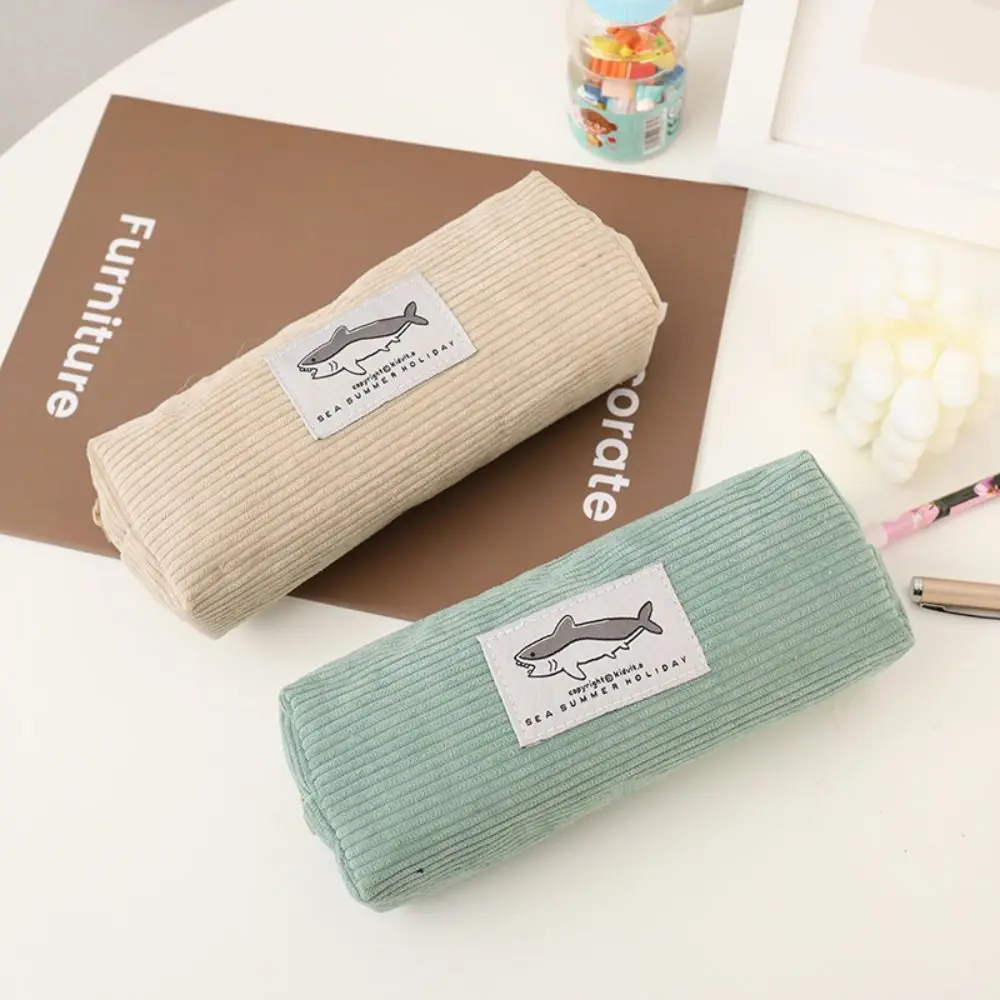 Corduroy Pen Bag Korean Version Cute Shark Pencil Box Large-capacity Pen Case Students Stationery Organizer Learning Supplies