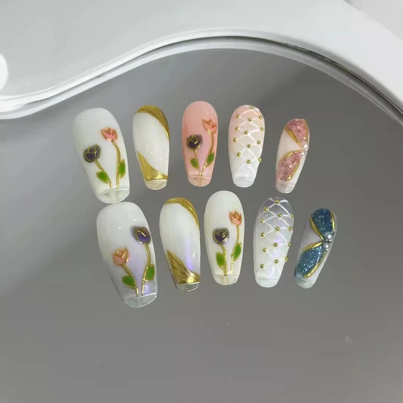 10Pcs original Handmade Gentle Hand Painted tulips press on nails heavy industry fake nails exquisite gorgeous false nails