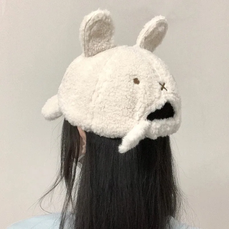 New Fashion Versatile Warm Pure Color Cute Lamb Plush Little Rabbit Hat